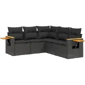 vidaXL 5-delige Loungeset met kussens poly rattan zwart