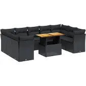 vidaXL 10-delige Loungeset met kussens poly rattan zwart