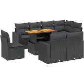 vidaXL 9-delige Loungeset met kussens poly rattan zwart