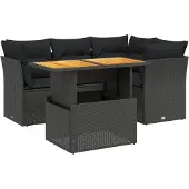 vidaXL 5-delige Loungeset met kussens poly rattan zwart