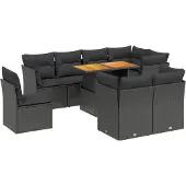 vidaXL 9-delige Loungeset met kussens poly rattan zwart