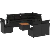 vidaXL 9-delige Loungeset met kussens poly rattan zwart