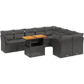 vidaXL 10-delige Loungeset met kussens poly rattan zwart