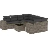 vidaXL 9-delige Loungeset met kussens poly rattan grijs