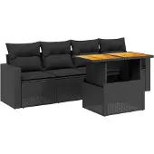 vidaXL 5-delige Loungeset met kussens poly rattan zwart