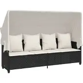 vidaXL Ligbed met luifel en kussens poly rattan zwart