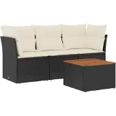 vidaXL 4-delige Loungeset met kussens poly rattan zwart