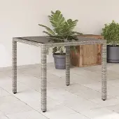 vidaXL Tuintafel met glazen blad 90x90x75 cm poly rattan grijs