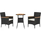 vidaXL 3-delige tuin-bistroset met kussens, zwart, polyrotan