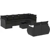 vidaXL 10-delige Loungeset met kussens poly rattan zwart