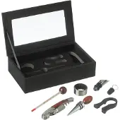 J-Line doos 6 wijnaccessoires - kunstleder - zwart