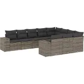 vidaXL 10-delige Loungeset met kussens poly rattan grijs
