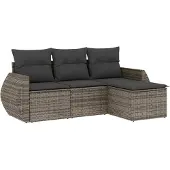 vidaXL 4-delige Loungeset met kussens poly rattan grijs