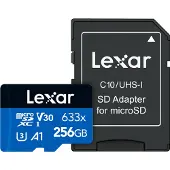 Lexar , microSDXC 256 GB 633x V30 4K 100Mb/s geheugenkaart met SD-adapter, Noir / Bleu