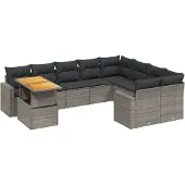 vidaXL 10-delige Loungeset met kussens poly rattan grijs