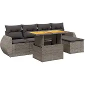 vidaXL 6-delige Loungeset met kussens poly rattan grijs