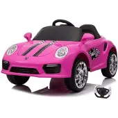 Vrooomy Porsche 911 Elektrische kinderauto 12V (1–5 jaar) – Sportwagenmodel, met afstandsbediening, EVA-banden en lederen stoel – Elektrisch kinderauto – Roze