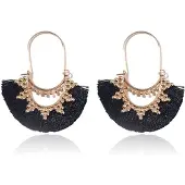 Deja Jewels Bohemian Goudkleurige Oorbellen met Zwarte Franje Waaierhangers