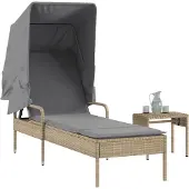 vidaXL Ligbed met luifel en tafel poly rattan beige