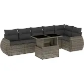 vidaXL 7-delige tuinmeubelset met kussens, grijs, polyrotan