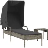 vidaXL Ligbed met luifel en tafel poly rattan grijs