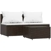 vidaXL 3-delige Loungeset met kussens poly rattan bruin