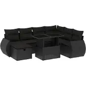 vidaXL 8-delige tuinmeubelset met kussens, zwart, polyrotan