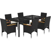 vidaXL 7-delige tuinset met kussens, zwart, polyrotan, glas