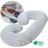EL Life Zwangerschapskussen XXL C-vorm - Zijslaapkussen - Lichaamskussen - Voedingskussen - Body Pillow - 150x70cm - Afneembare Jersey Katoenen Hoes, Lichtgrijs