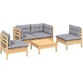 vidaXL 5-delige loungeset voor de tuin met grijze kussens, gemaakt van massief grenenhout