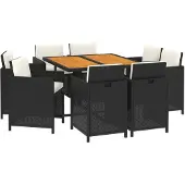 vidaXL 9-delige tuinset met kussens, zwart, van polyrotan