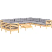 vidaXL 11-delige loungeset voor de tuin met grijze kussens, gemaakt van massief grenenhout