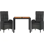 vidaXL 3-delige Tuinset met kussens poly rattan zwart