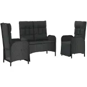 vidaXL 3-delige Tuinset met kussens poly rattan zwart