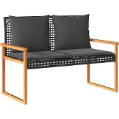 vidaXL - Tuinbank - met - kussen - poly - rattan - en - acaciahout - zwart