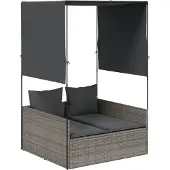 vidaXL Ligbed tweepersoons met dak en gordijn poly rattan grijs