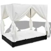 vidaXL Loungebed met gordijnen poly rattan zwart