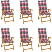 vidaXL Tuinstoelen 6 st met rood geruite kussens massief teakhout