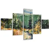 Karo-art Schilderij - Geschilderd bos (print op canvas), 5luik, premium print