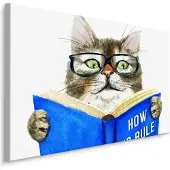 Karo-art Schilderij - Kat leest een Boek, Premium Print op Canvas