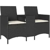 vidaXL Tuinbank 2-zits met tafel en kussens poly rattan zwart