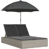 vidaXL Ligbed 2-persoons met kussens en parasol poly rattan lichtgrijs