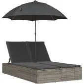 vidaXL Ligbed 2-persoons met kussens en parasol poly rattan grijs