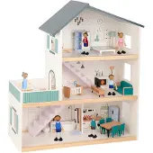 Tooky Toy Big Wooden Doll House 31 Pieces Beige