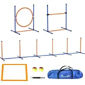 PawHut Hunde Agility Set, 4er-Set Hundetraining mit Höhenverstellbaren Agilityhürden, Flechtstangen, Pausenbox, Springring, Steckhürdenset inklusive Pfeife, Tragetasche