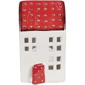 Clayre & Eef Theelichthouder Huis 8x8x15 cm Wit Rood Kunststof Waxinelichthouder Wit Waxinelichthouder