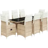vidaXL 9-delige Bistroset met kussens poly rattan beige