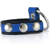 Black Label - Leren Cockstrap met Metalen Penisring - Zwart/Blauw
