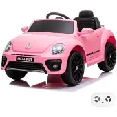 Vrooomy Volkswagen Beetle Elektrische Kinderauto 12V (1–4 jaar) – Officieel gelicenseerd, met afstandsbediening, EVA-banden en lederen stoel – Elektrisch kinderauto – Roze