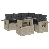 vidaXL 6-delige Loungeset met kussens poly rattan lichtgrijs